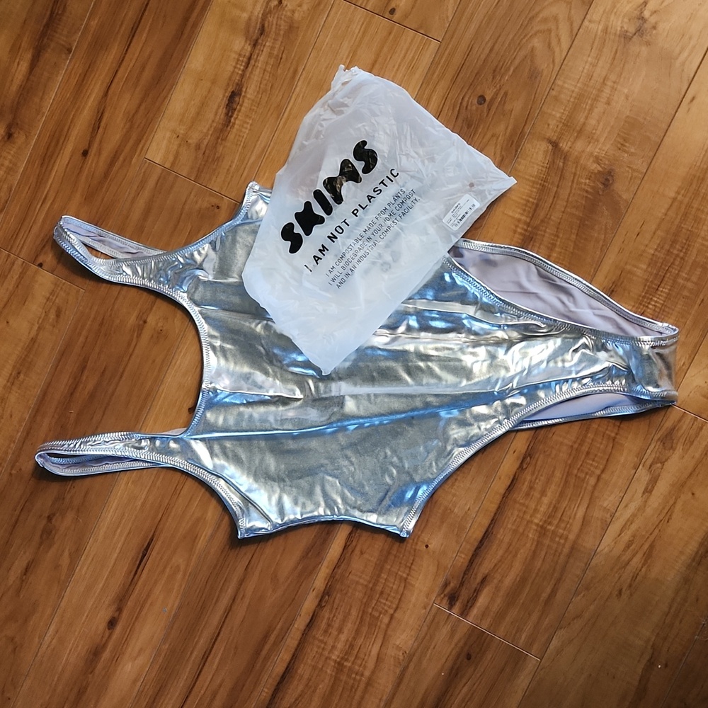 Skims NWT Metallic High Cut One Piece Swimsuit in Nickel XL